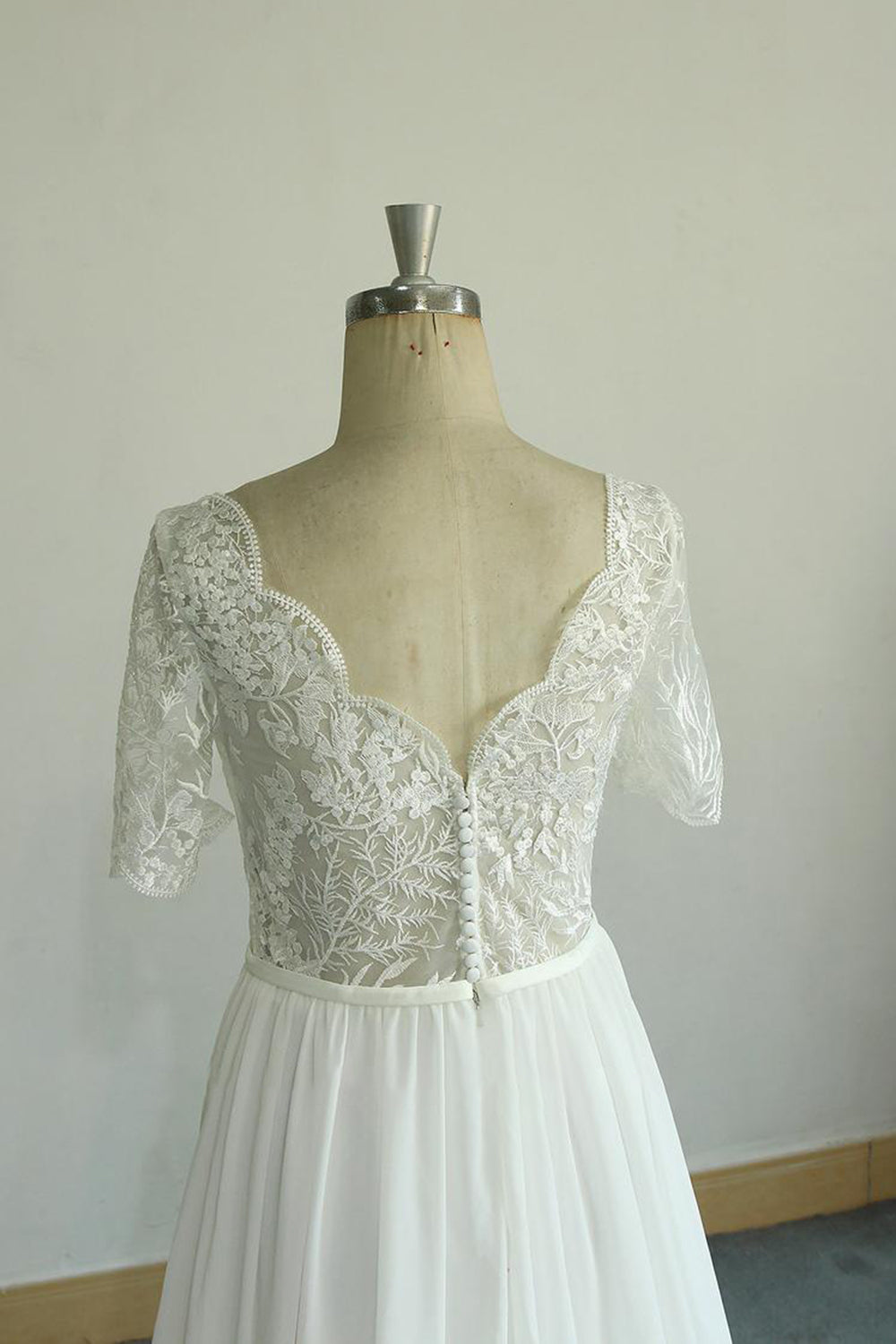 Affordable Halfsleeves V-neck Chiffon Wedding Dresses White A-line Ruffles Bridal Gowns Online