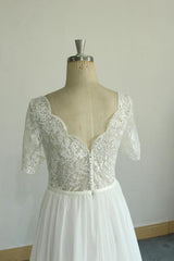 Affordable Halfsleeves V-neck Chiffon Wedding Dresses White A-line Ruffles Bridal Gowns Online