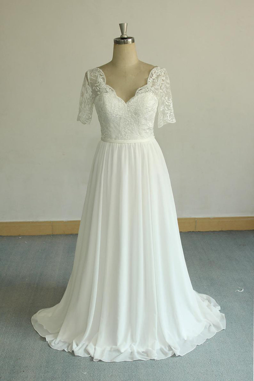 Affordable Halfsleeves V-neck Chiffon Wedding Dresses White A-line Ruffles Bridal Gowns Online