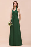 Affordable Halter Beading Ruffle Dark Green Bridesmaid Dress With Shawl
