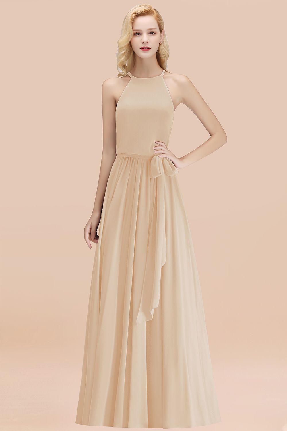 Affordable Halter Bow Long Bridesmaid Dress Modest Burgundy Chiffon Wedding Party Dress