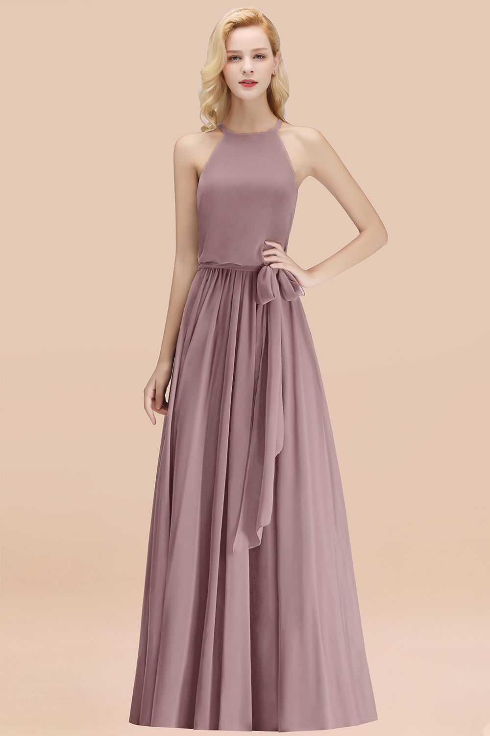 Affordable Halter Bow Long Bridesmaid Dress Modest Burgundy Chiffon Wedding Party Dress