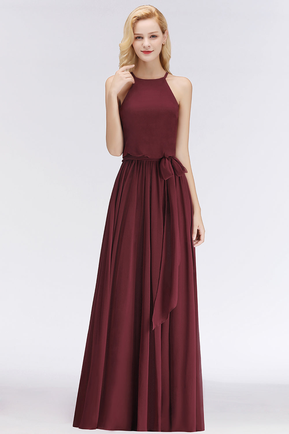 Affordable Halter Bow Long Bridesmaid Dress Modest Burgundy Chiffon Wedding Party Dress