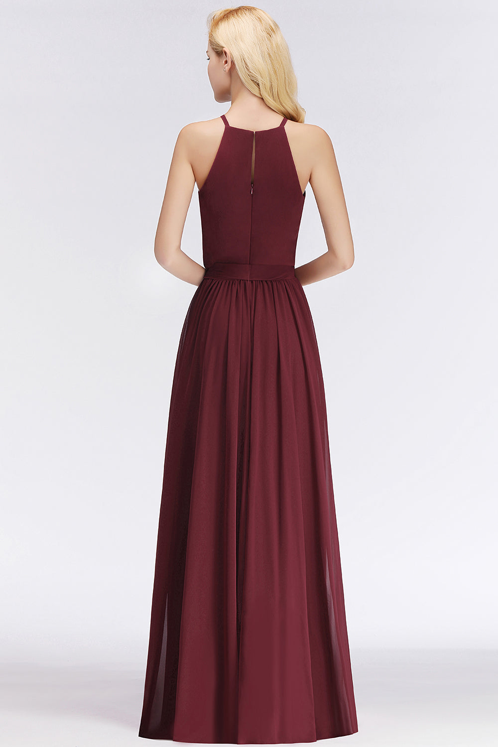 Affordable Halter Bow Long Bridesmaid Dress Modest Burgundy Chiffon Wedding Party Dress