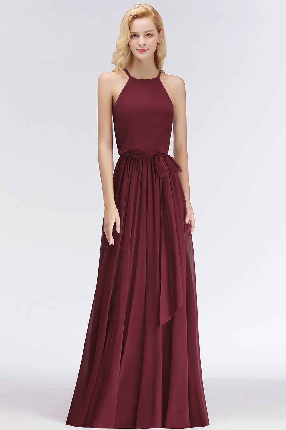 Affordable Halter Bow Long Bridesmaid Dress Modest Burgundy Chiffon Wedding Party Dress