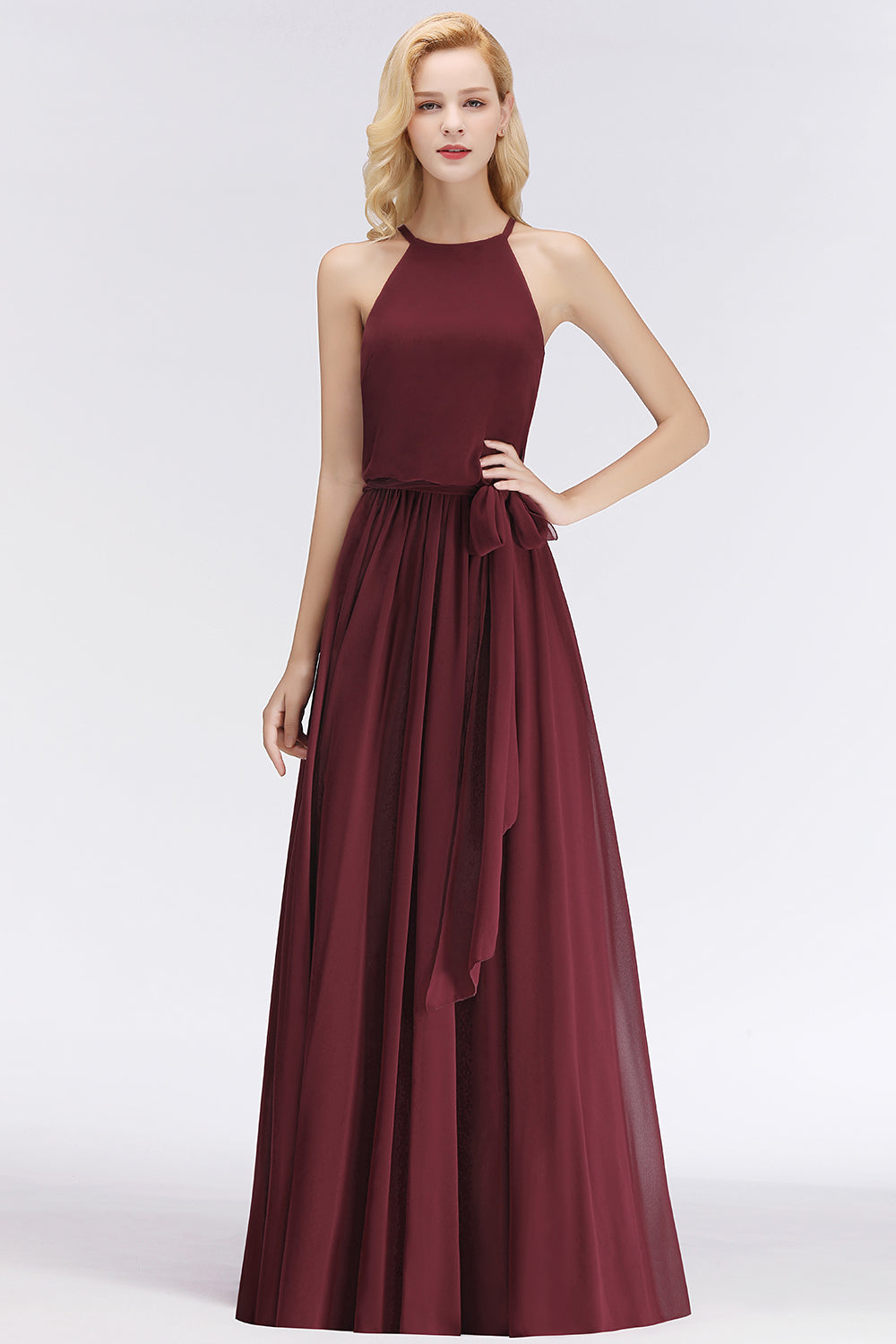 Affordable Halter Bow Long Bridesmaid Dress Modest Burgundy Chiffon Wedding Party Dress