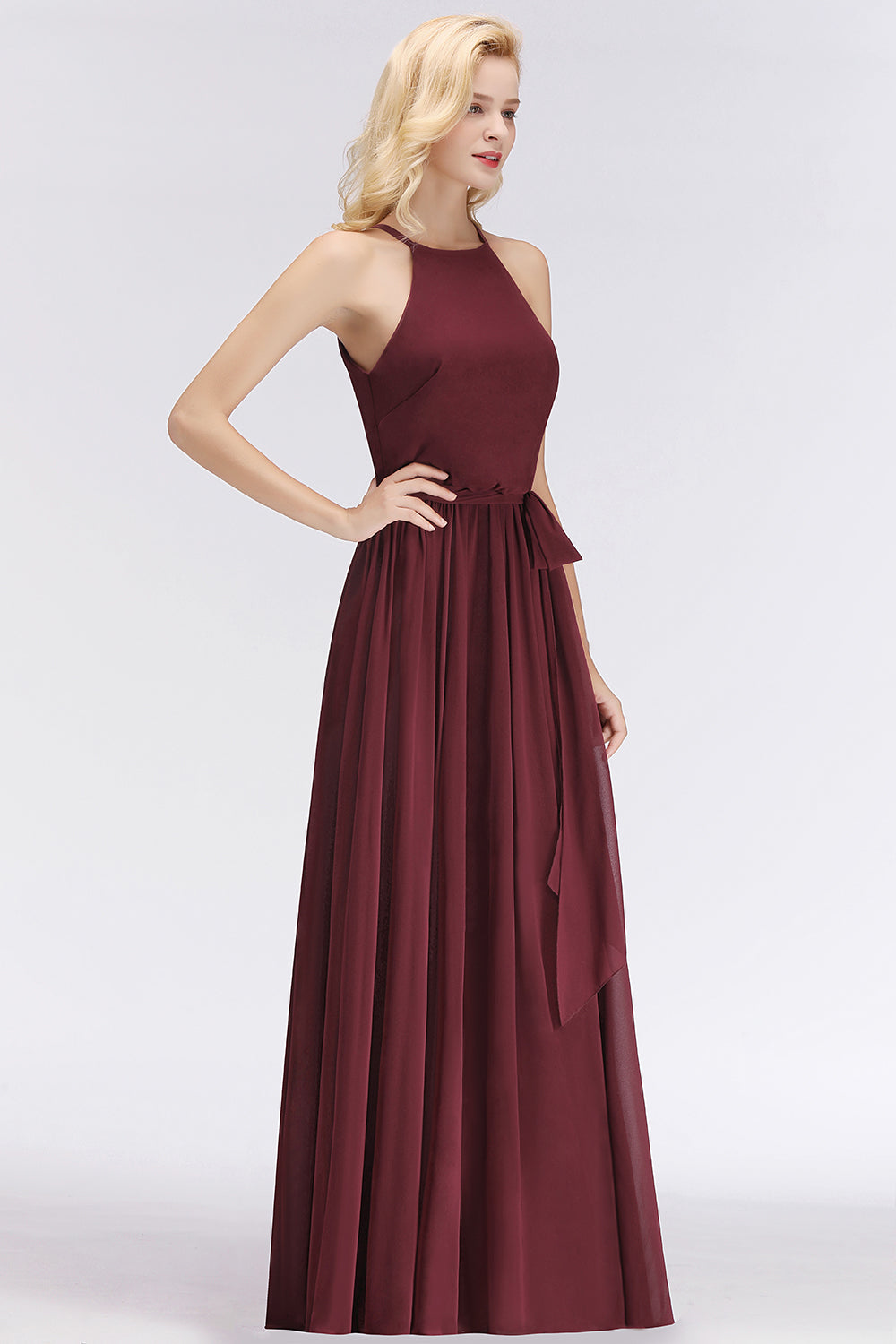 Affordable Halter Bow Long Bridesmaid Dress Modest Burgundy Chiffon Wedding Party Dress