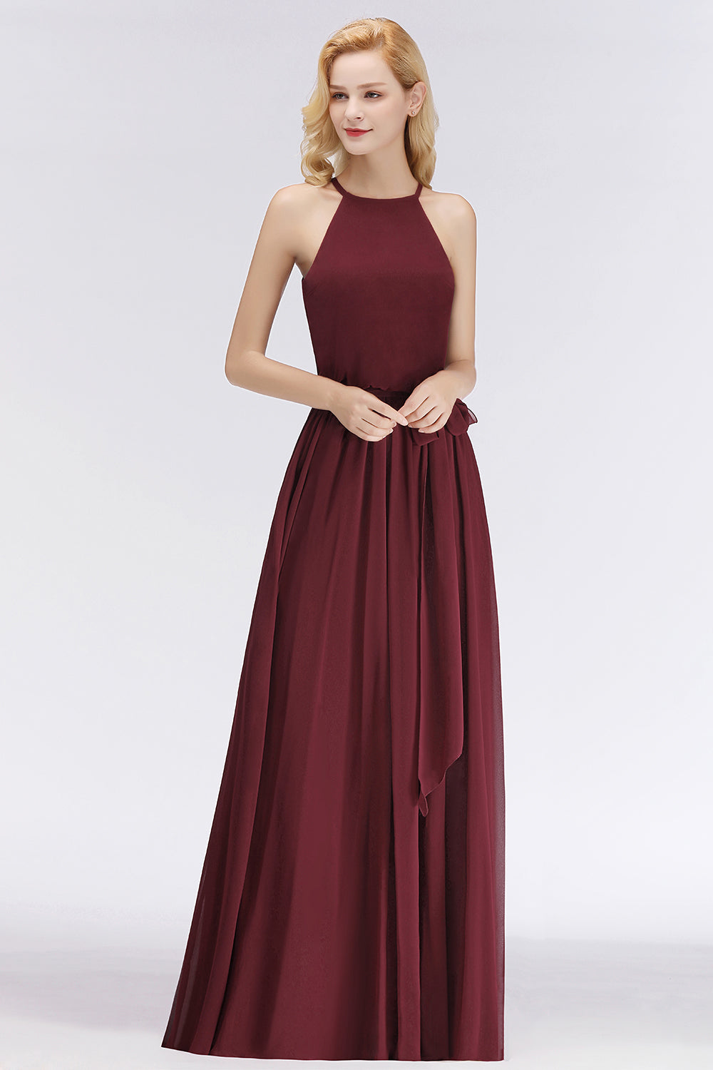 Affordable Halter Bow Long Bridesmaid Dress Modest Burgundy Chiffon Wedding Party Dress