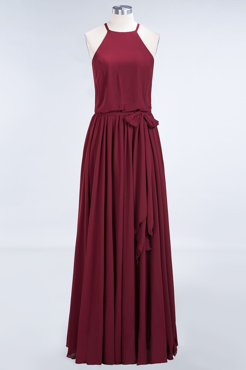 Affordable Halter Bow Long Bridesmaid Dress Modest Burgundy Chiffon Wedding Party Dress