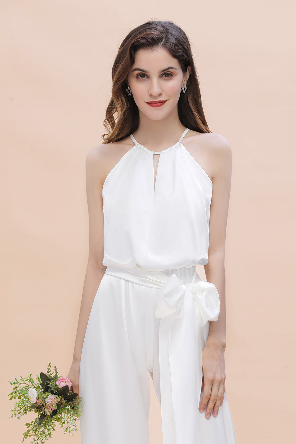 Affordable Halter Sleeveless Ivory Charmeuse Bridesmaid Jumpsuit Online