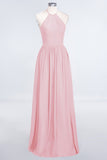 Affordable Halter Sleeveless Long Burgundy Bridesmaid Dress with Ruffle
