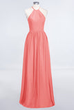 Affordable Halter Sleeveless Long Burgundy Bridesmaid Dress with Ruffle