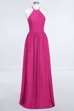 Affordable Halter Sleeveless Long Burgundy Bridesmaid Dress with Ruffle
