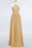 Affordable Halter Sleeveless Long Burgundy Bridesmaid Dress with Ruffle