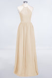 Affordable Halter Sleeveless Long Burgundy Bridesmaid Dress with Ruffle