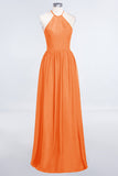 Affordable Halter Sleeveless Long Burgundy Bridesmaid Dress with Ruffle