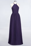 Affordable Halter Sleeveless Long Burgundy Bridesmaid Dress with Ruffle