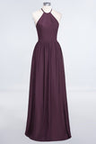 Affordable Halter Sleeveless Long Burgundy Bridesmaid Dress with Ruffle