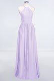 Affordable Halter Sleeveless Long Burgundy Bridesmaid Dress with Ruffle
