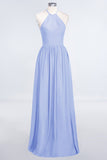 Affordable Halter Sleeveless Long Burgundy Bridesmaid Dress with Ruffle