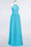 Affordable Halter Sleeveless Long Burgundy Bridesmaid Dress with Ruffle