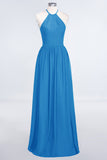Affordable Halter Sleeveless Long Burgundy Bridesmaid Dress with Ruffle