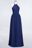 Affordable Halter Sleeveless Long Burgundy Bridesmaid Dress with Ruffle