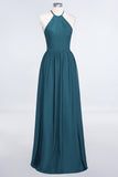 Affordable Halter Sleeveless Long Burgundy Bridesmaid Dress with Ruffle
