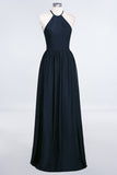 Affordable Halter Sleeveless Long Burgundy Bridesmaid Dress with Ruffle