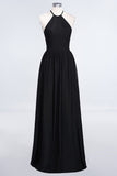 Affordable Halter Sleeveless Long Burgundy Bridesmaid Dress with Ruffle