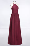 Affordable Halter Sleeveless Long Burgundy Bridesmaid Dress with Ruffle