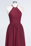 Affordable Halter Sleeveless Long Burgundy Bridesmaid Dress with Ruffle