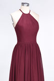 Affordable Halter Sleeveless Long Burgundy Bridesmaid Dress with Ruffle