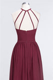Affordable Halter Sleeveless Long Burgundy Bridesmaid Dress with Ruffle