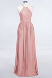Affordable Halter Sleeveless Long Burgundy Bridesmaid Dress with Ruffle