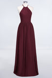 Affordable Halter Sleeveless Long Burgundy Bridesmaid Dress with Ruffle