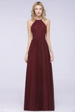 Affordable Halter Sleeveless Long Burgundy Bridesmaid Dress with Ruffle