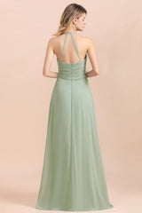 Affordable Halter Sweetheart Chiffon Dusty Sage Bridesmaid Dresses