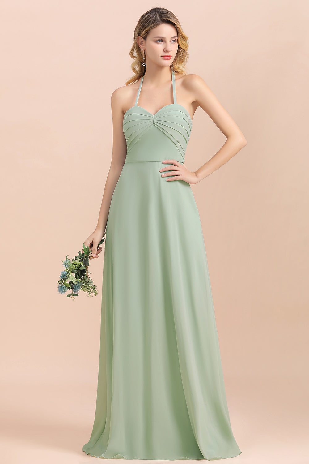 Affordable Halter Sweetheart Chiffon Dusty Sage Bridesmaid Dresses