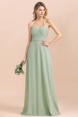 Affordable Halter Sweetheart Chiffon Dusty Sage Bridesmaid Dresses