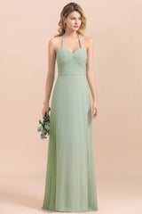 Affordable Halter Sweetheart Chiffon Dusty Sage Bridesmaid Dresses