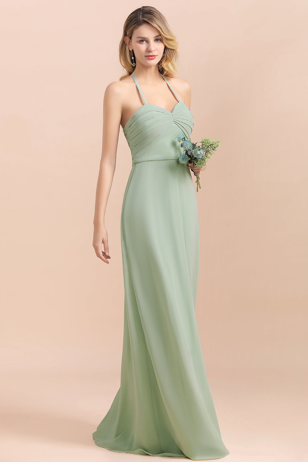 Affordable Halter Sweetheart Chiffon Dusty Sage Bridesmaid Dresses