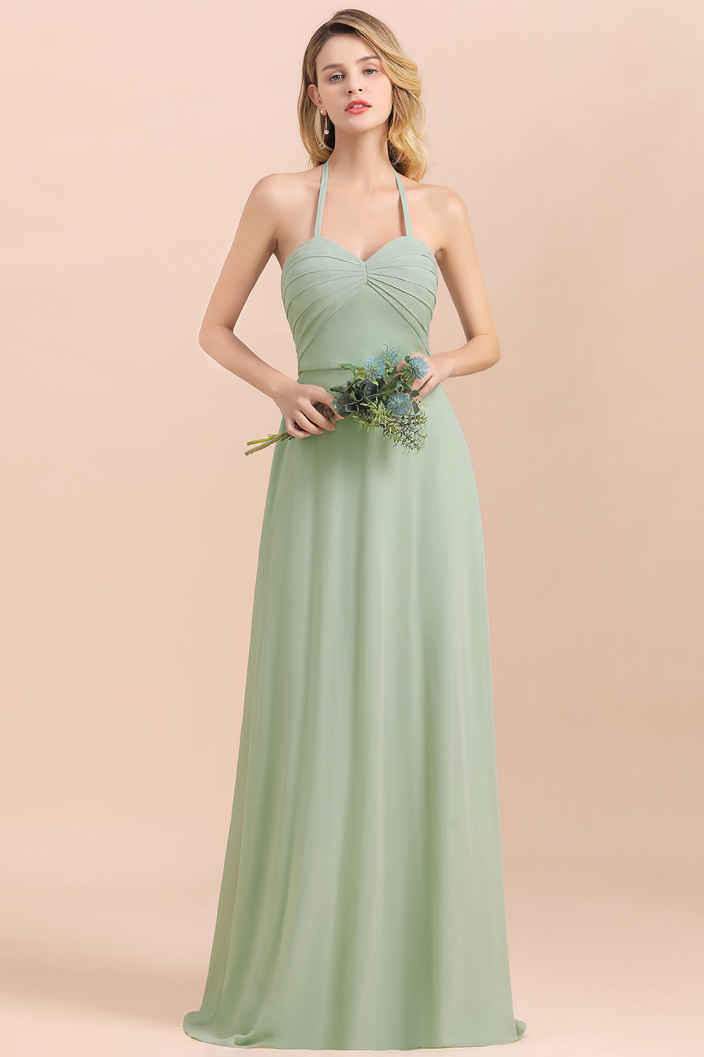 Affordable Halter Sweetheart Chiffon Dusty Sage Bridesmaid Dresses