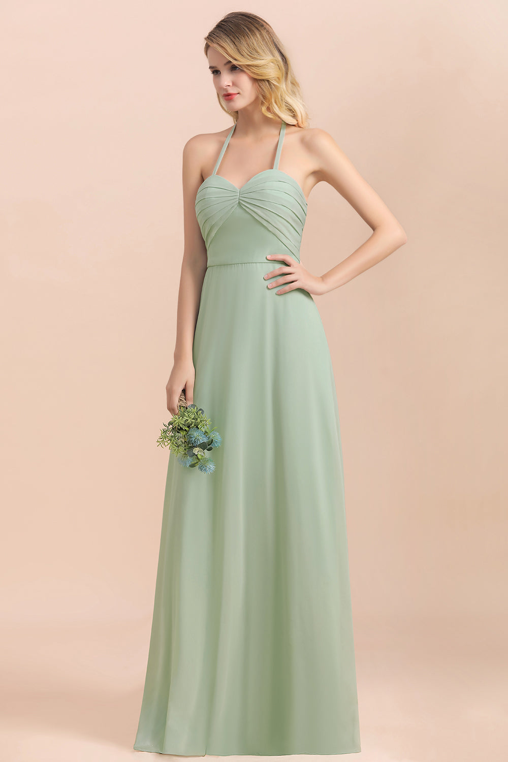 Affordable Halter Sweetheart Chiffon Dusty Sage Bridesmaid Dresses