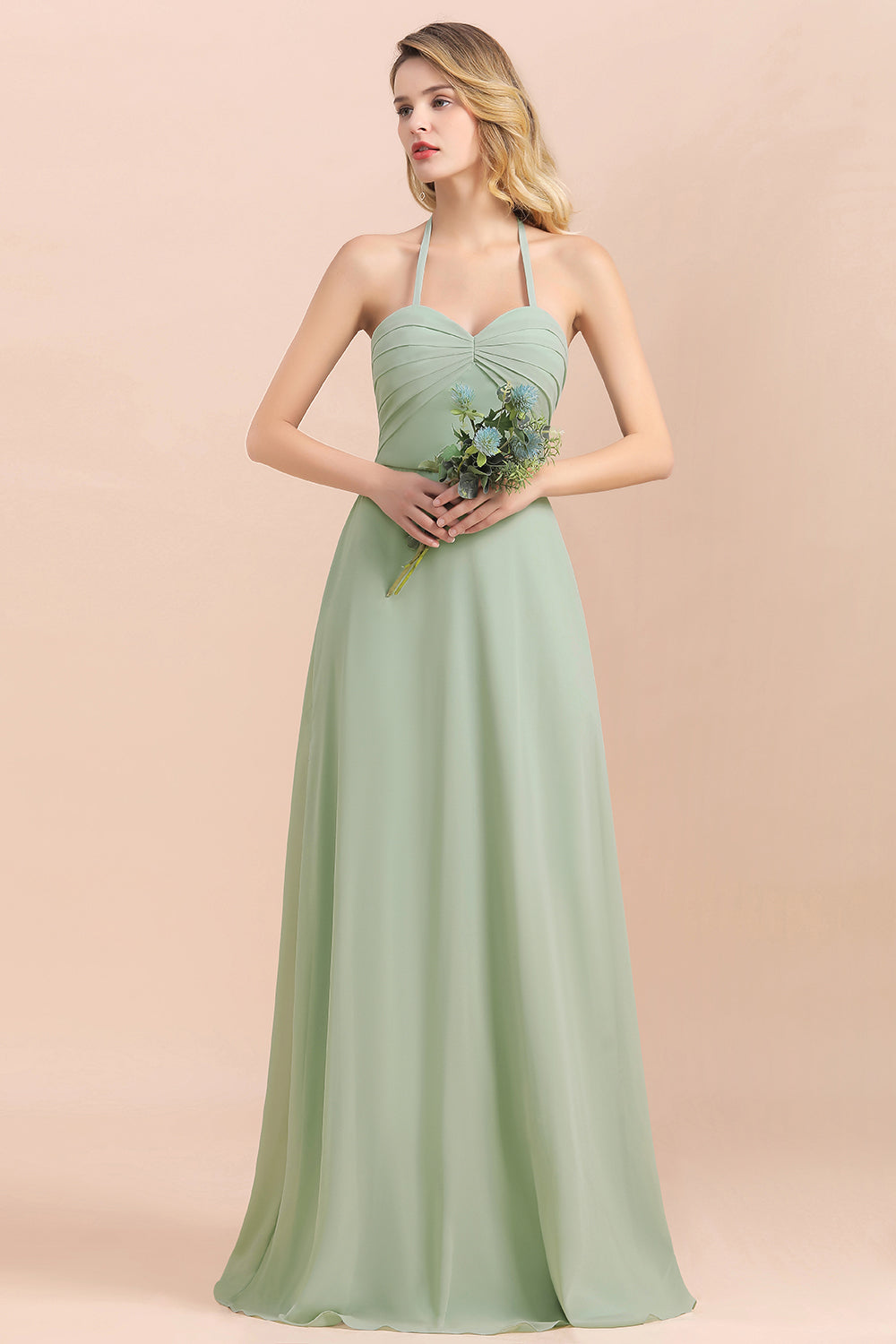 Affordable Halter Sweetheart Chiffon Dusty Sage Bridesmaid Dresses