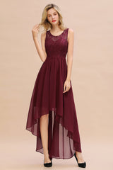Affordable Hi-Lo Lace Sleeveless Burgundy Chiffon Bridesmaid Dress Online