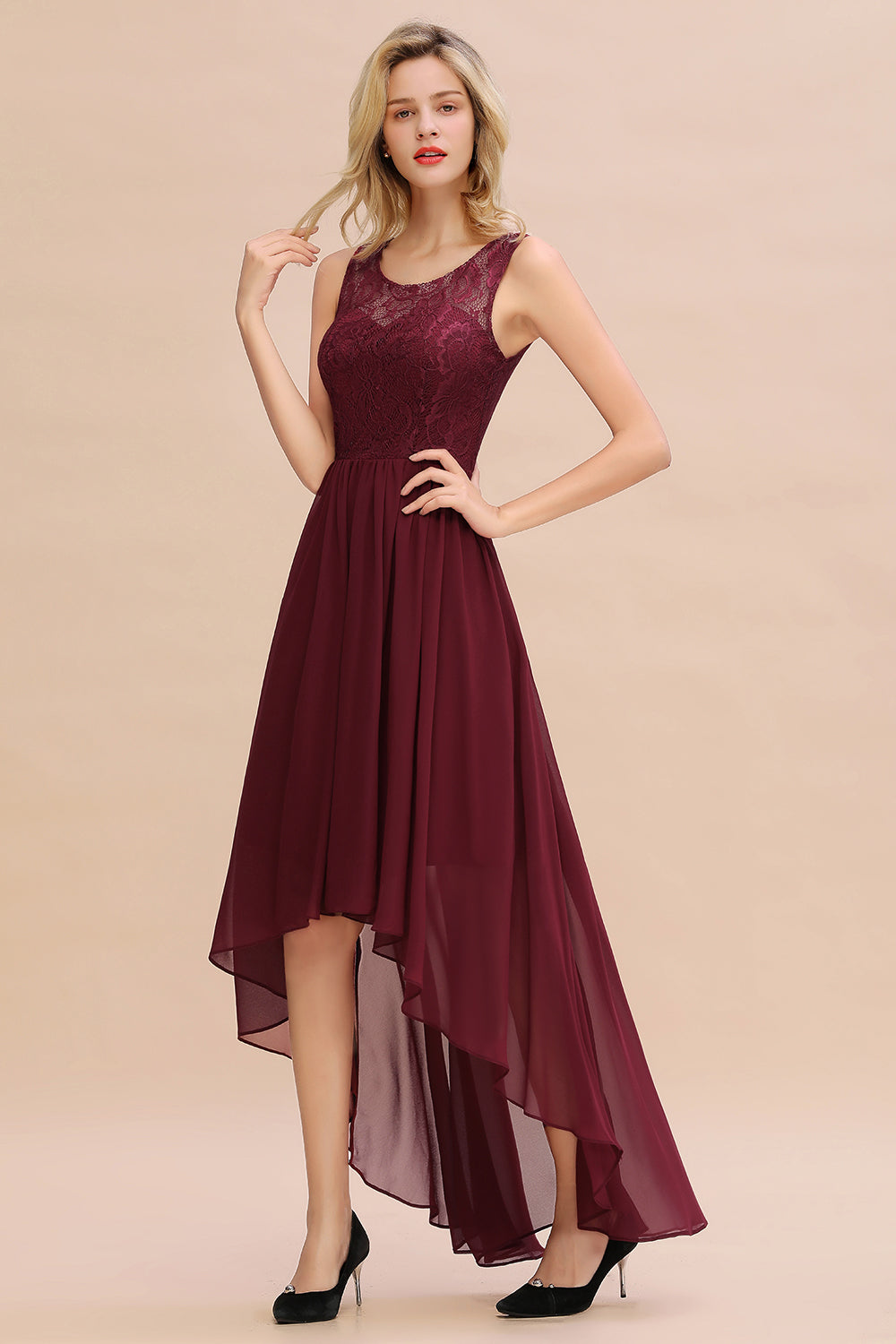 Affordable Hi-Lo Lace Sleeveless Burgundy Chiffon Bridesmaid Dress Online