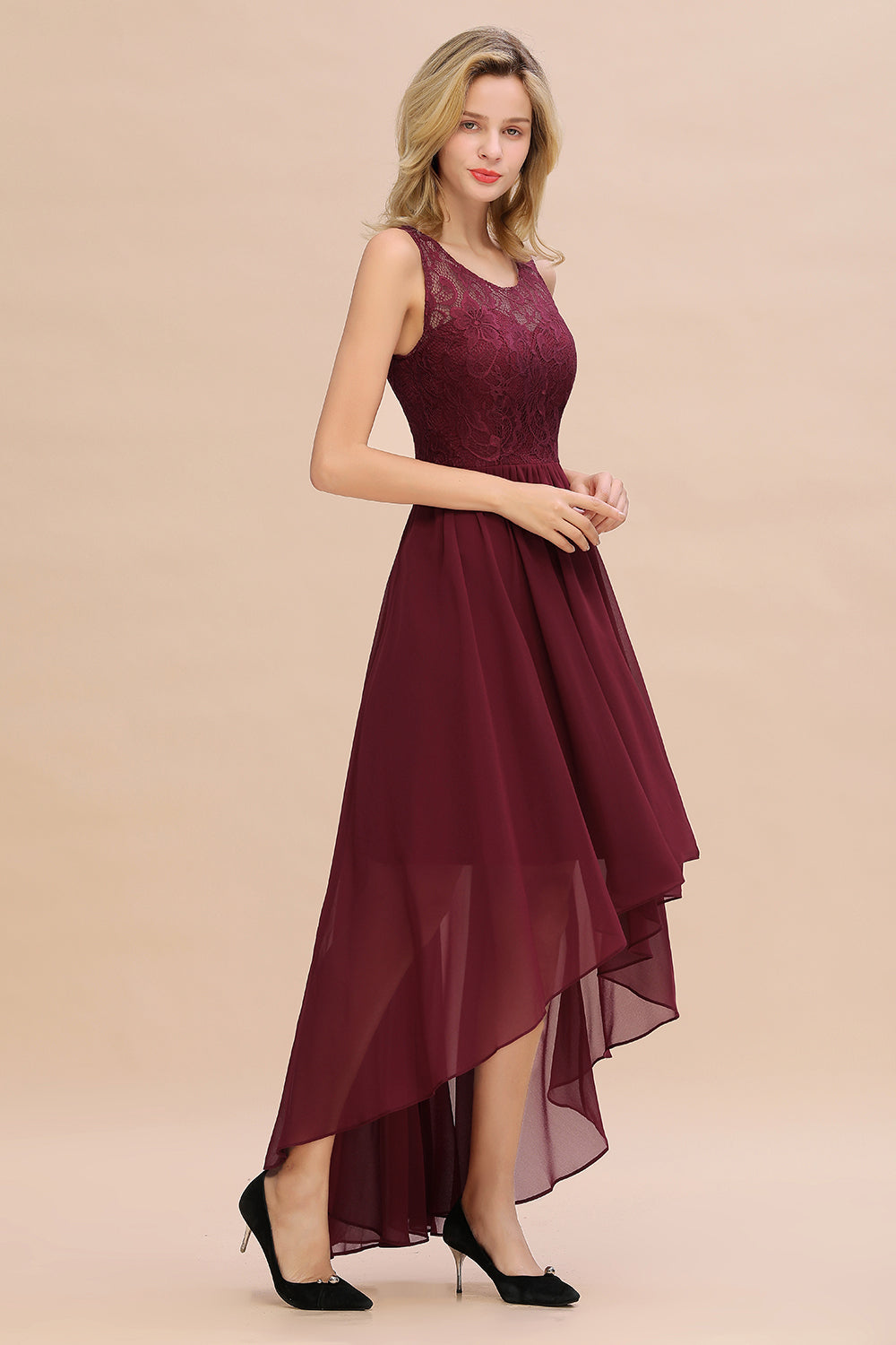 Affordable Hi-Lo Lace Sleeveless Burgundy Chiffon Bridesmaid Dress Online