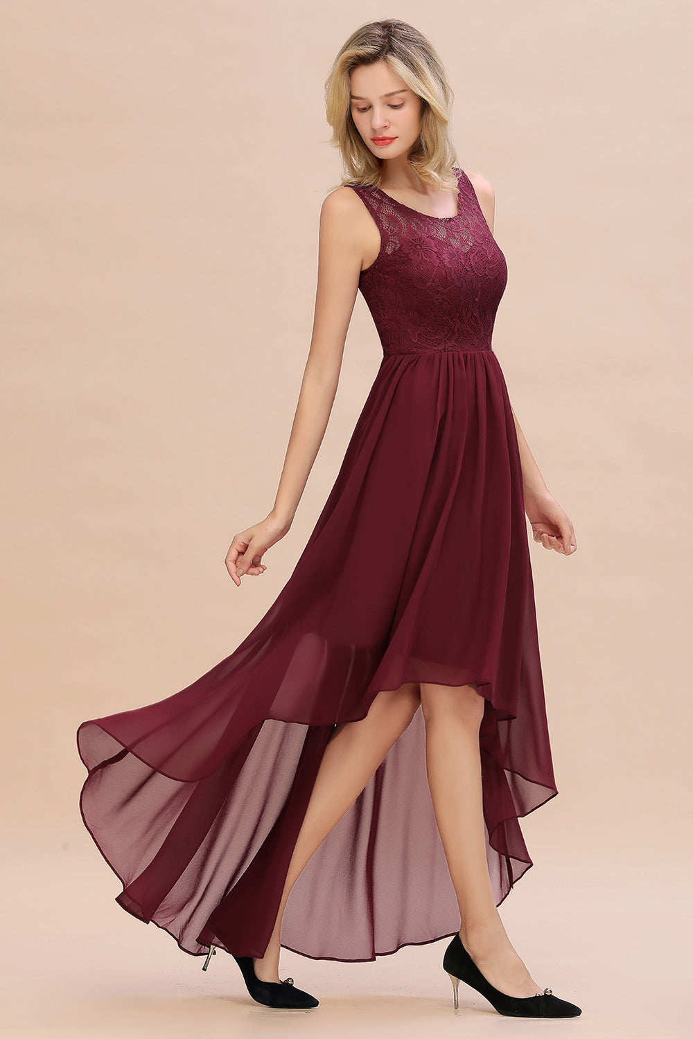Affordable Hi-Lo Lace Sleeveless Burgundy Chiffon Bridesmaid Dress Online