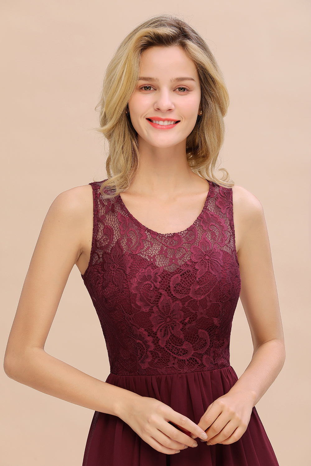 Affordable Hi-Lo Lace Sleeveless Burgundy Chiffon Bridesmaid Dress Online